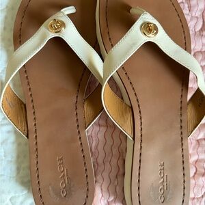 Coach White Leather Thong Sandals with Gold Logo Accent